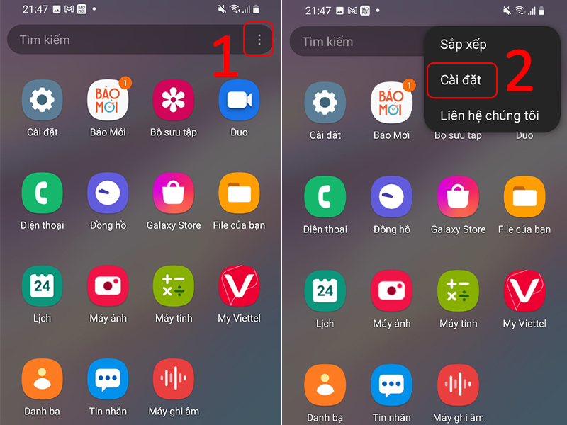 Chọn cài đặt trên màn hình